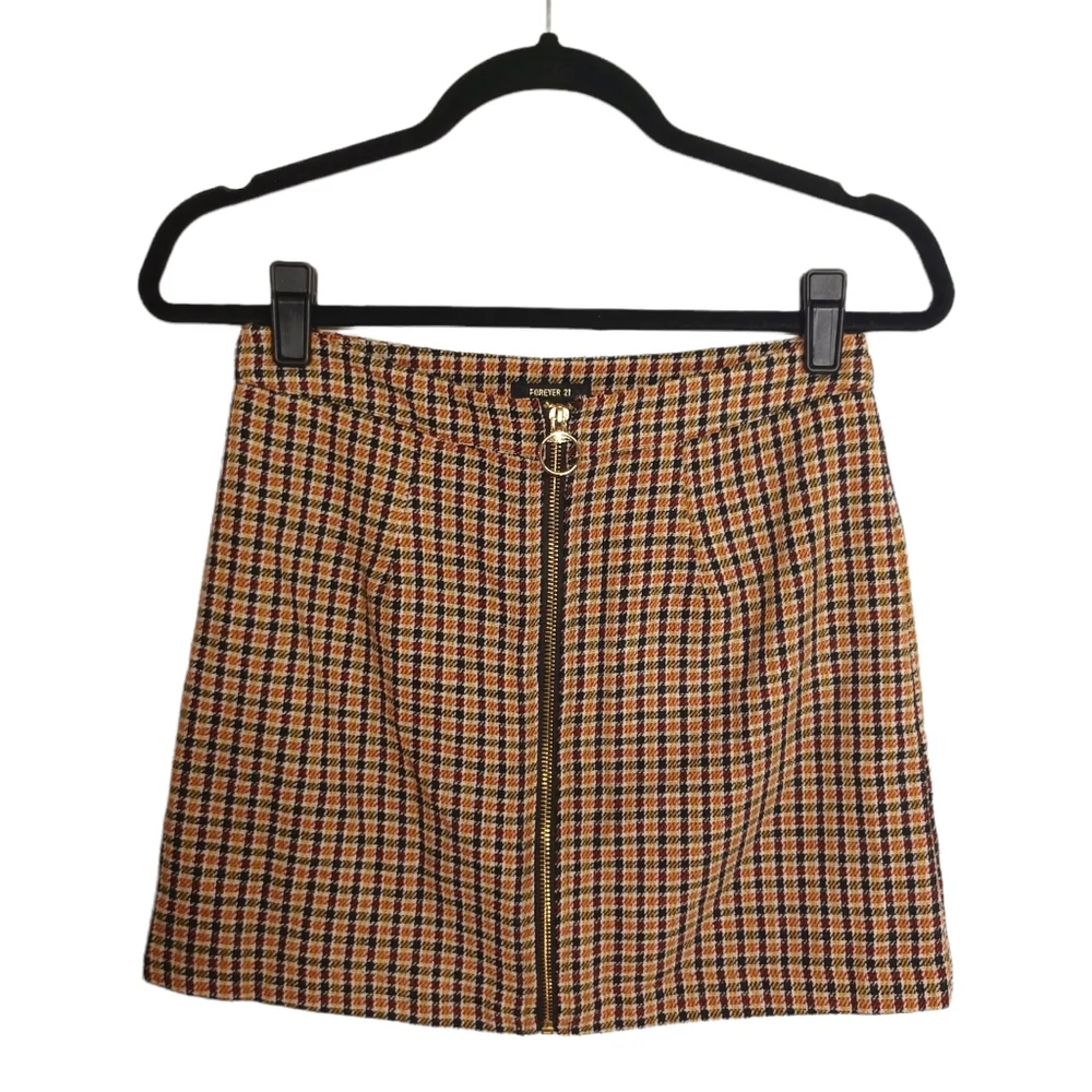 FOREVER 21 Yellow Black Red Plaid Tweed Zipper Front Mini Skirt 25 XSmall